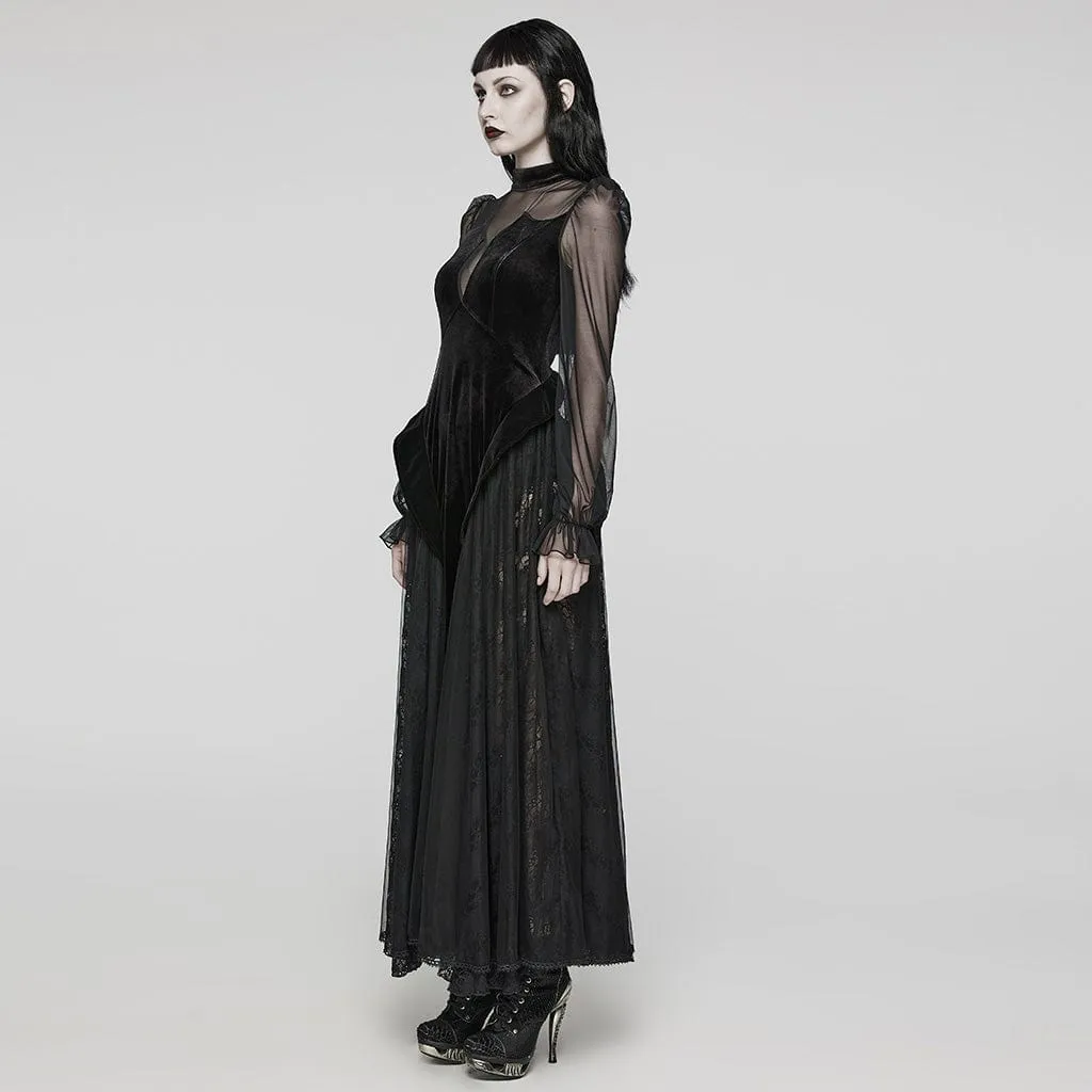Women's Gothic Lace Ruffled Lace-Up Maxi Dress