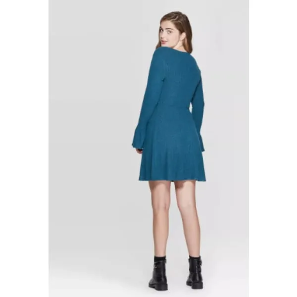 Women's Long Sleeve V-Neck Wrap Sweater Knit Mini Dress - Xhilaration™ Teal
