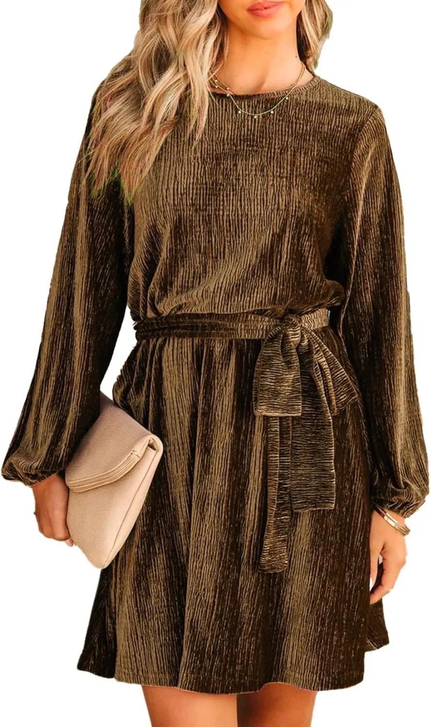 Women's Velvet Dress Long Sleeve Casual Velvet Cocktail Party Dresses Mini Tie Dress for Wedding Guest