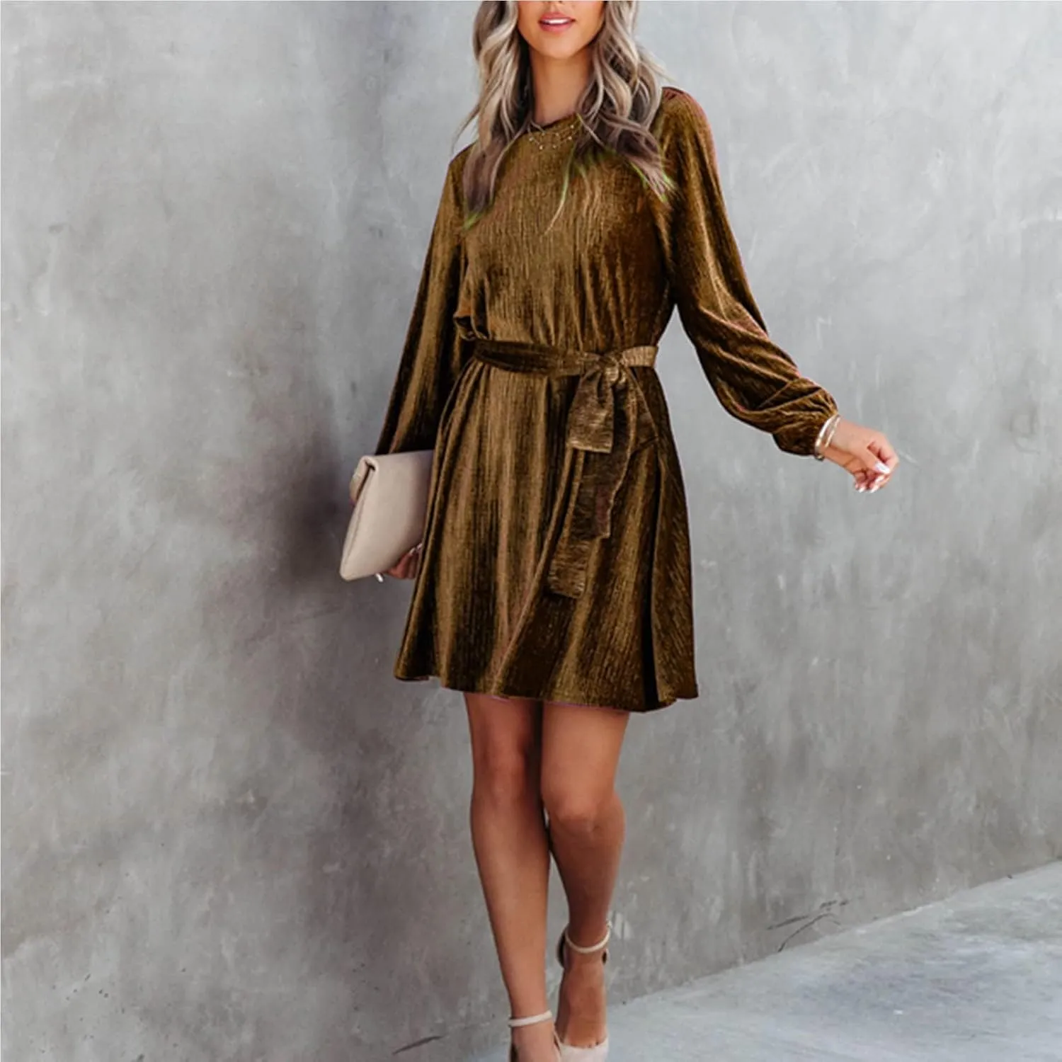 Women's Velvet Dress Long Sleeve Casual Velvet Cocktail Party Dresses Mini Tie Dress for Wedding Guest
