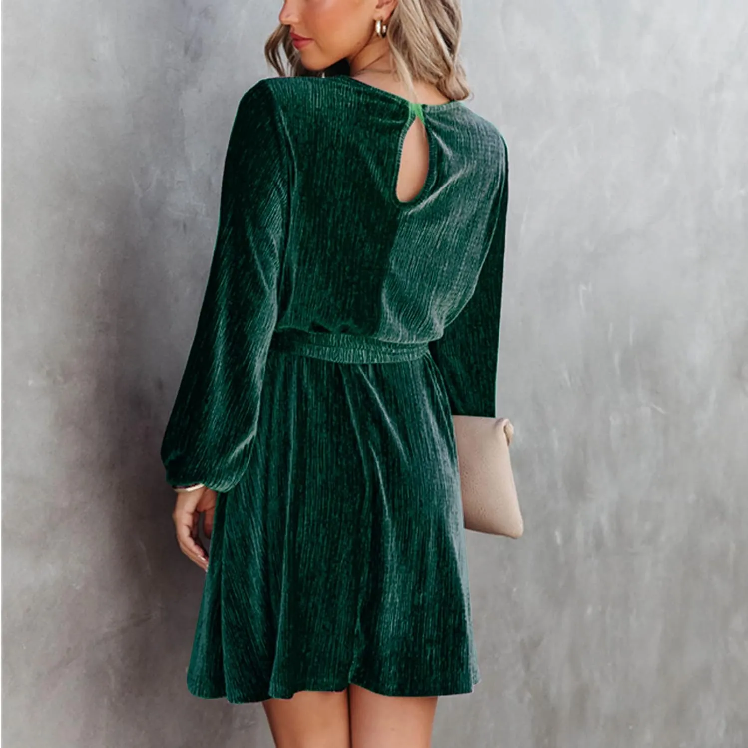 Women's Velvet Dress Long Sleeve Casual Velvet Cocktail Party Dresses Mini Tie Dress for Wedding Guest