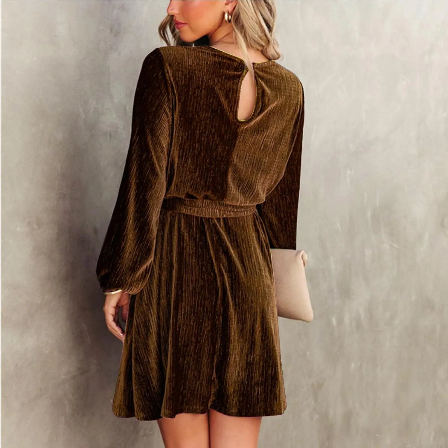 Women's Velvet Dress Long Sleeve Casual Velvet Cocktail Party Dresses Mini Tie Dress for Wedding Guest
