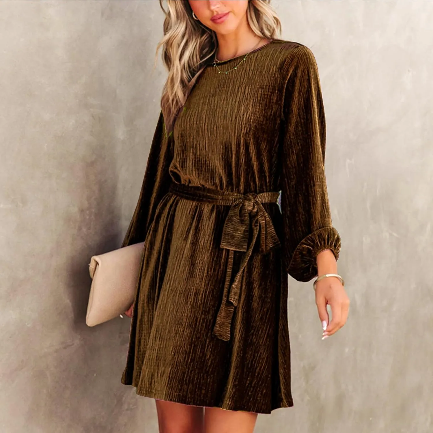 Women's Velvet Dress Long Sleeve Casual Velvet Cocktail Party Dresses Mini Tie Dress for Wedding Guest