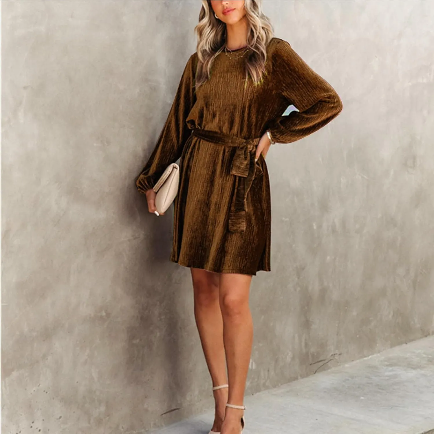 Women's Velvet Dress Long Sleeve Casual Velvet Cocktail Party Dresses Mini Tie Dress for Wedding Guest