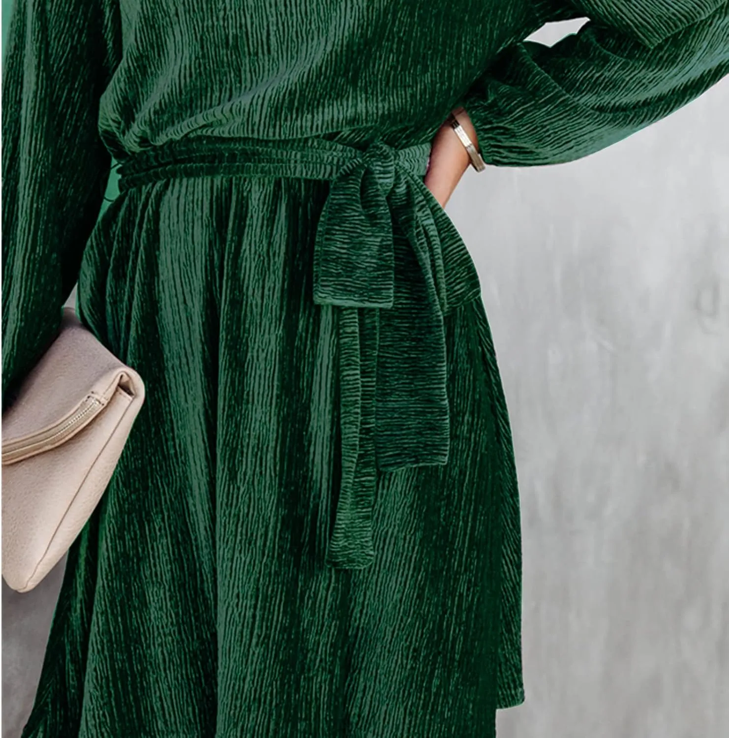 Women's Velvet Dress Long Sleeve Casual Velvet Cocktail Party Dresses Mini Tie Dress for Wedding Guest