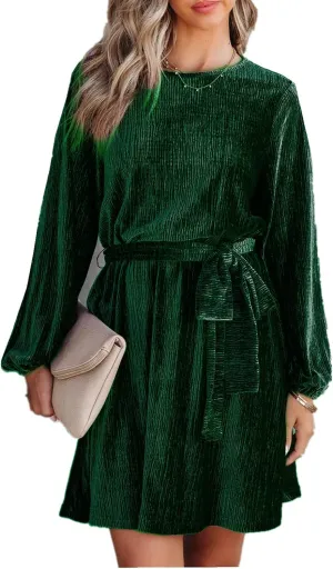 Women's Velvet Dress Long Sleeve Casual Velvet Cocktail Party Dresses Mini Tie Dress for Wedding Guest