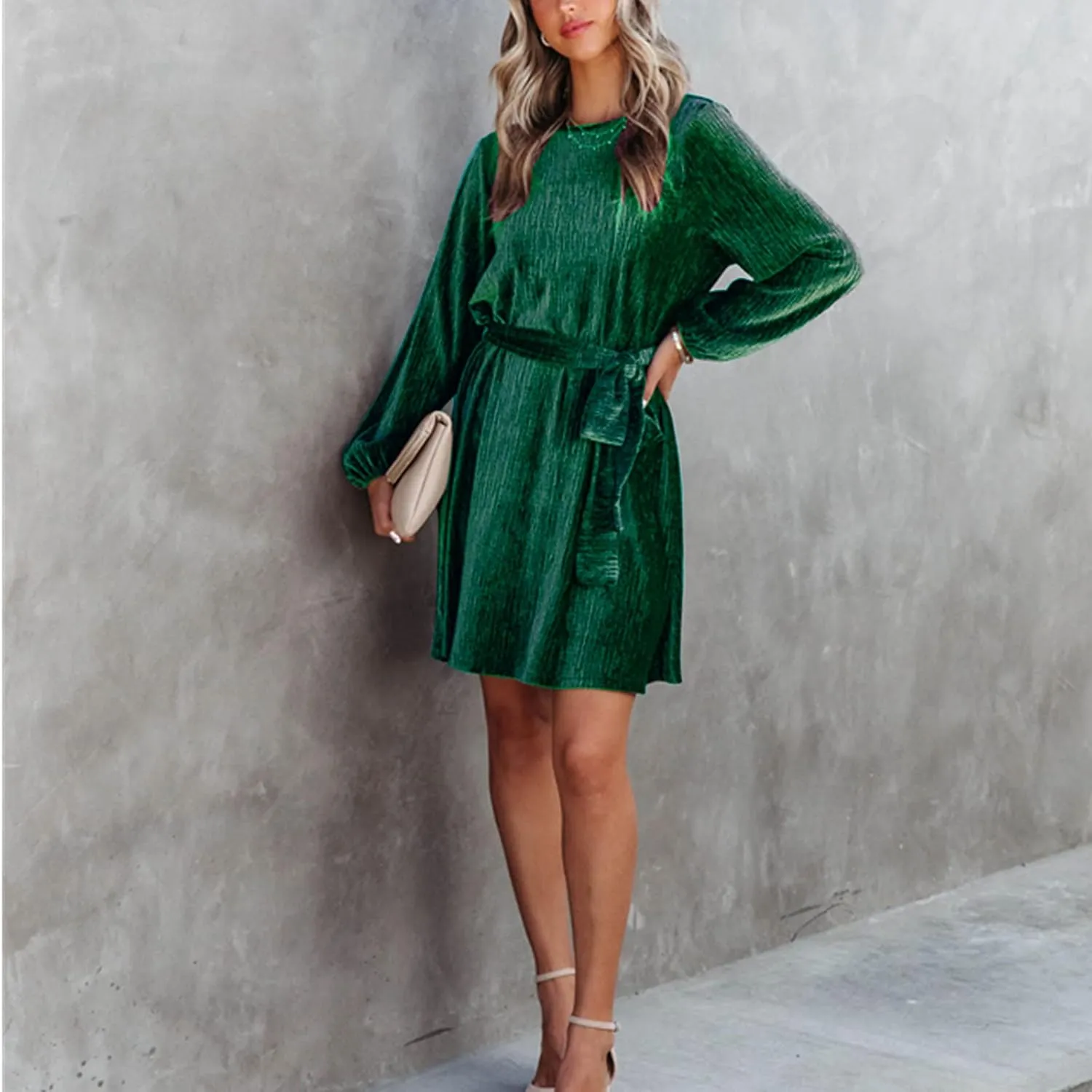 Women's Velvet Dress Long Sleeve Casual Velvet Cocktail Party Dresses Mini Tie Dress for Wedding Guest