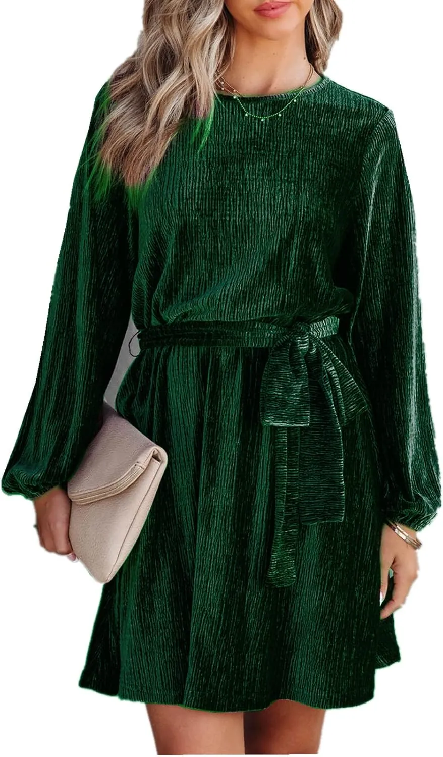 Women's Velvet Dress Long Sleeve Casual Velvet Cocktail Party Dresses Mini Tie Dress for Wedding Guest