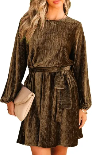 Women's Velvet Dress Long Sleeve Casual Velvet Cocktail Party Dresses Mini Tie Dress for Wedding Guest