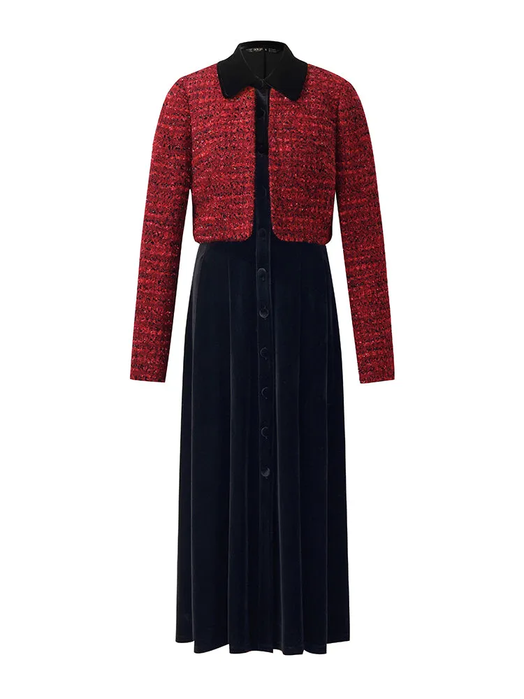 Wool Blend And Velvet Patchwork Women Midi Dress