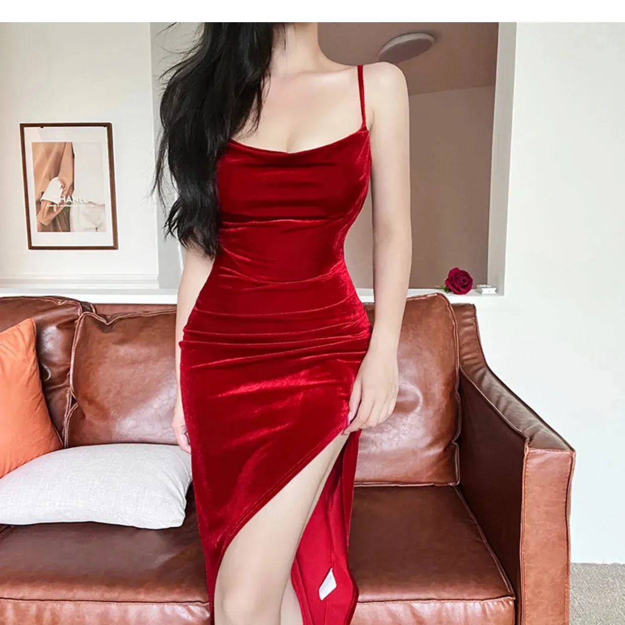 YESMYTOOL  -  2024 New Velvet Dress Backless Sleeveless Slip Sexy Slit Maxi Dress Fashion Evening Party Women Elegant Streetwear Y2K