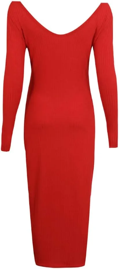 Zyyfly Women Sexy V Neck Long Sleeve Solid Bodycon Midi Dress
