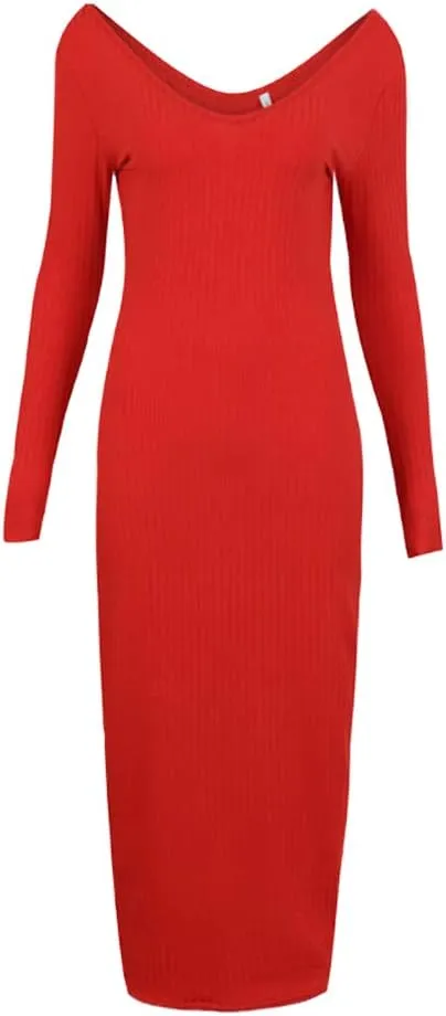 Zyyfly Women Sexy V Neck Long Sleeve Solid Bodycon Midi Dress