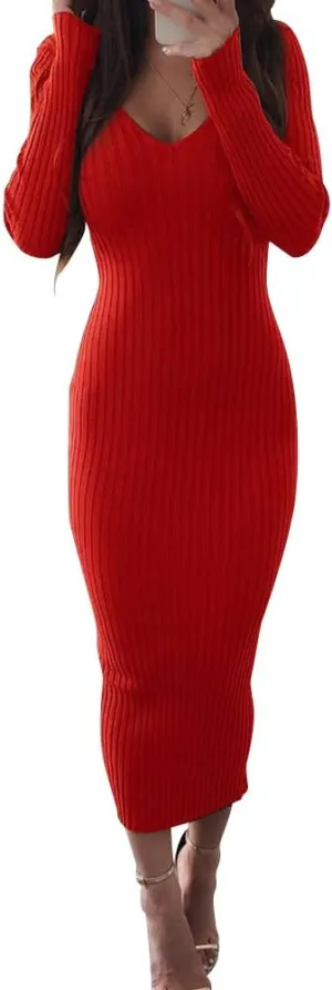 Zyyfly Women Sexy V Neck Long Sleeve Solid Bodycon Midi Dress